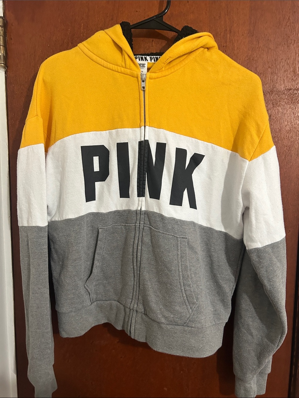 PINK Victoria's Secret Yellow White Gray Colorblock Zip-Up Hoodie